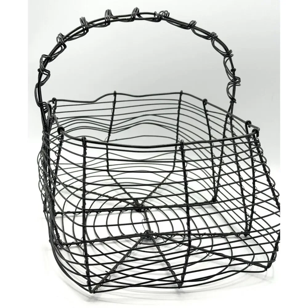 Vintage French Wire Egg Basket Hand Twisted Gathering Container Handle Metal